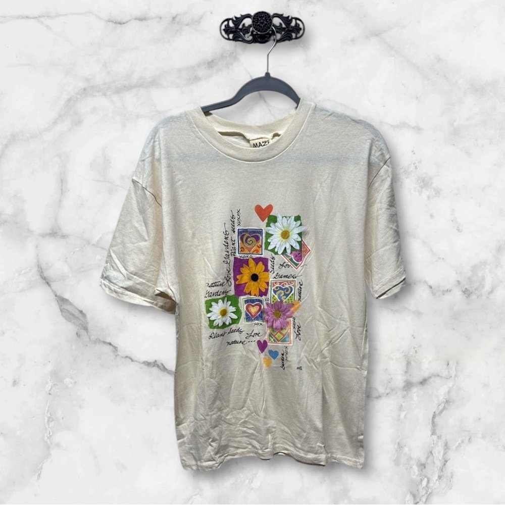 MAZE Cream Graphic T-Shirt with Floral and Heart Design MP